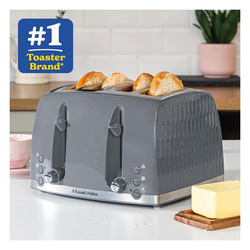 Russell Hobbs Honeycomb 4 Slice Toaster 6 Browning Levels Frozen/Cancel/Reheat Extra Wide Slots High Lift 1500W Grey