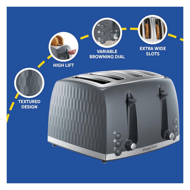 Russell Hobbs Honeycomb 4 Slice Toaster 6 Browning Levels Frozen/Cancel/Reheat Extra Wide Slots High Lift 1500W Grey
