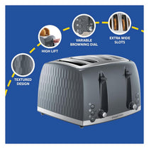 Russell Hobbs Honeycomb 4 Slice Toaster 6 Browning Levels Frozen/Cancel/Reheat Extra Wide Slots High Lift 1500W Grey