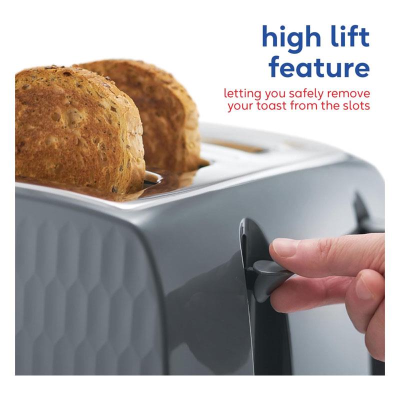 Russell Hobbs Honeycomb 4 Slice Toaster 6 Browning Levels Frozen/Cancel/Reheat Extra Wide Slots High Lift 1500W Grey