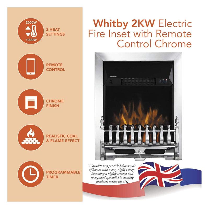 Warmlite Whitby Electric Fire Inset 2000W 2 Heat Settings Adjustable Thermostat Remote Control Chrome