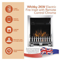 Warmlite Whitby Electric Fire Inset 2000W 2 Heat Settings Adjustable Thermostat Remote Control Chrome