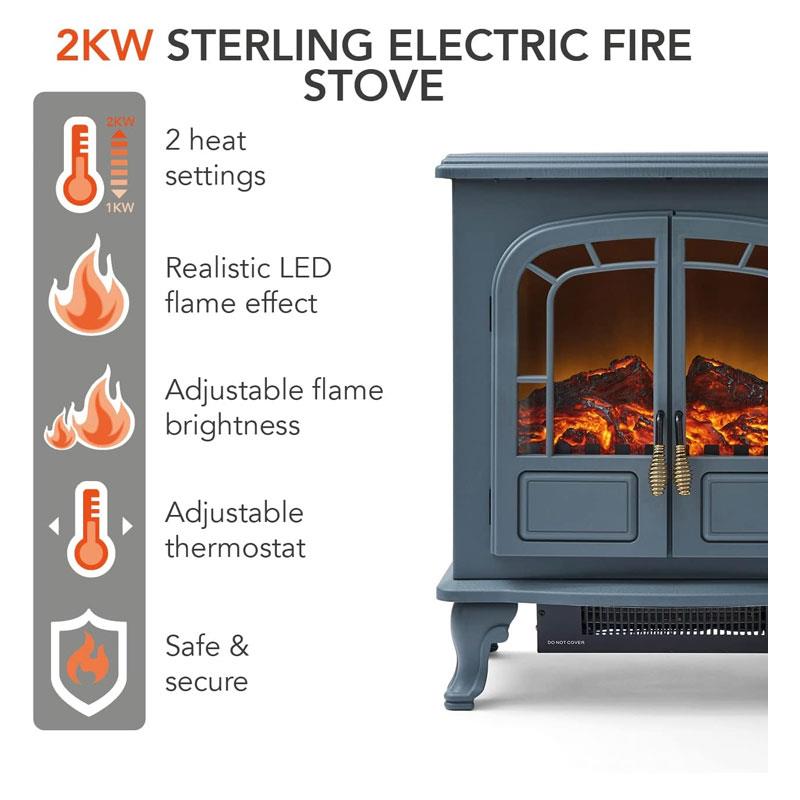 Warmlite Wingham Portable Electric Double Door Fire Stove Heater 2000W Realistic LED Flame Effect Adjustable Thermostat Overheat Protection Grey Secondary image