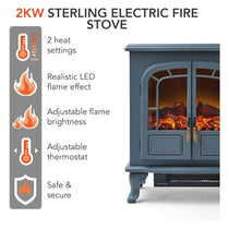 Warmlite Wingham Portable Electric Double Door Fire Stove Heater 2000W Realistic LED Flame Effect Adjustable Thermostat Overheat Protection Grey