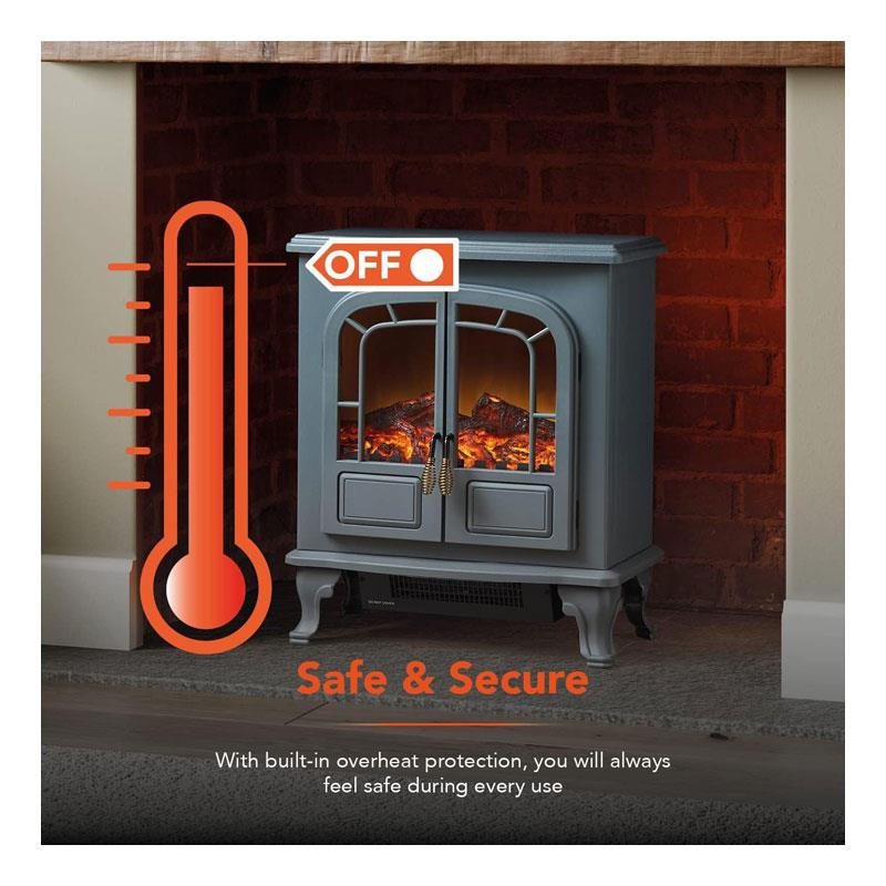 Warmlite Wingham Portable Electric Double Door Fire Stove Heater 2000W Realistic LED Flame Effect Adjustable Thermostat Overheat Protection Grey