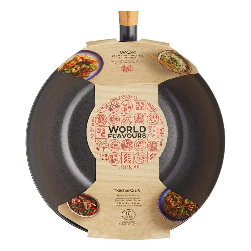 KitchenCraft World of Flavours Oriental Carbon Steel Non-Stick Wok 20cm Black/Brown