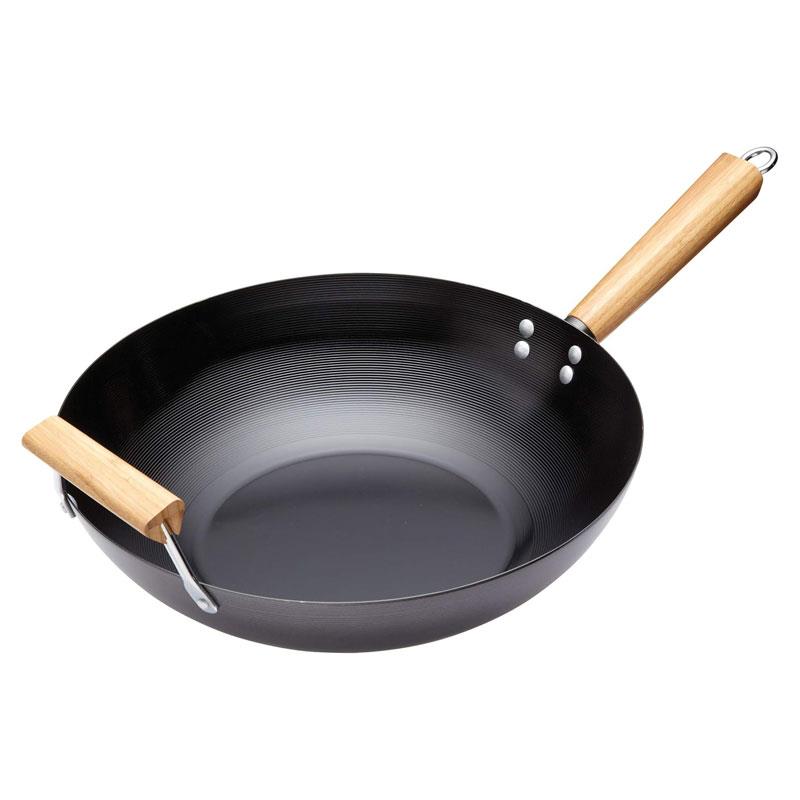 KitchenCraft World of Flavours Oriental Carbon Steel Non-Stick Wok 35cm Large With Wooden Handles Black Main image