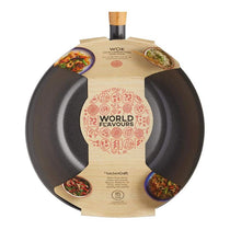 KitchenCraft World of Flavours Oriental Carbon Steel Non-Stick Wok 35cm Large With Wooden Handles Black