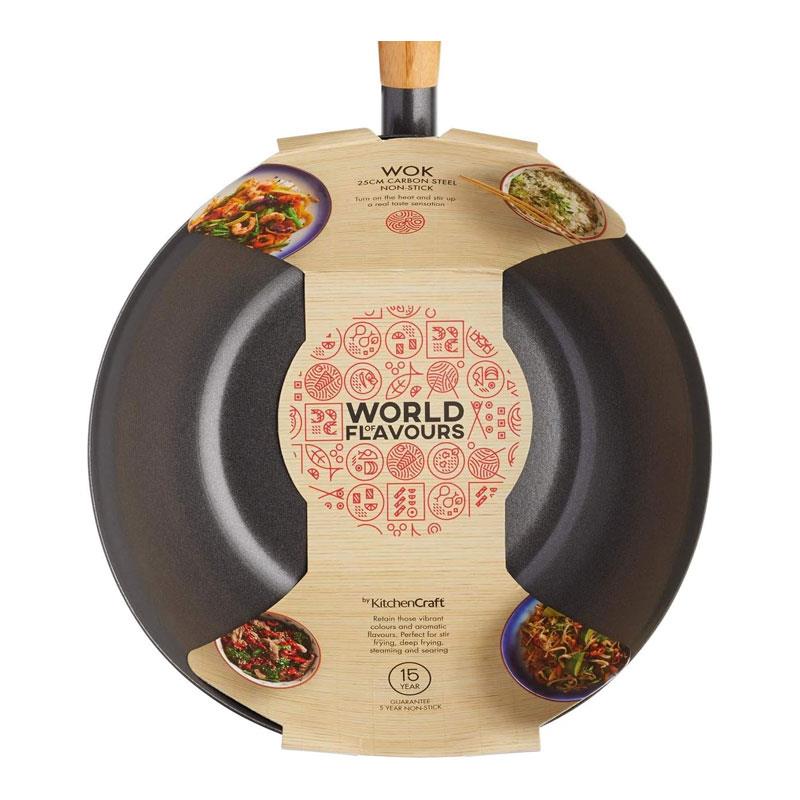 KitchenCraft World of Flavours Oriental Carbon Steel Non-Stick Wok 35cm Large With Wooden Handles Black