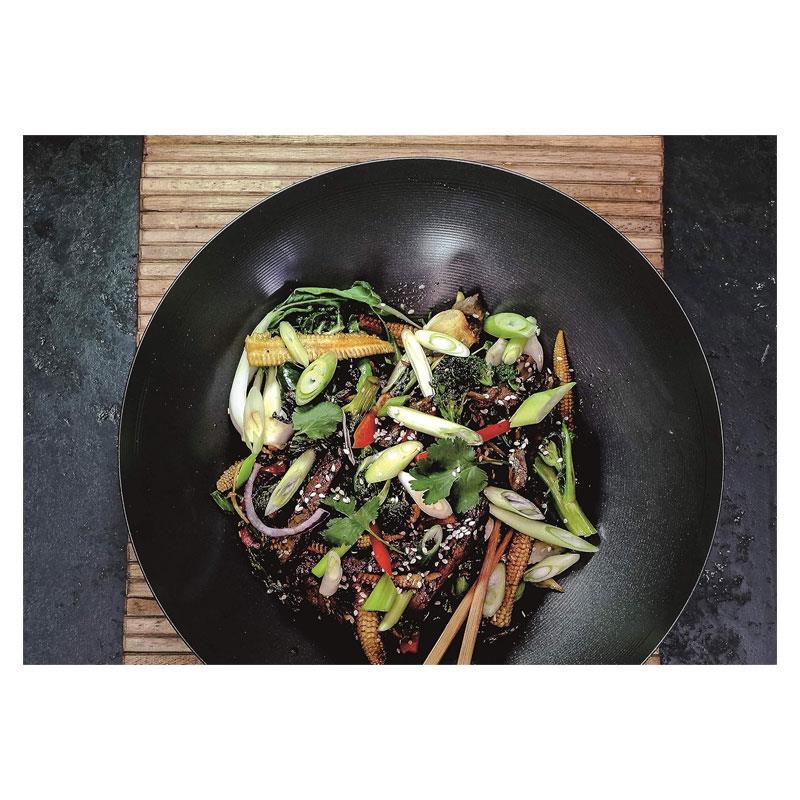 KitchenCraft World of Flavours Oriental Carbon Steel Non-Stick Wok 35cm Large With Wooden Handles Black