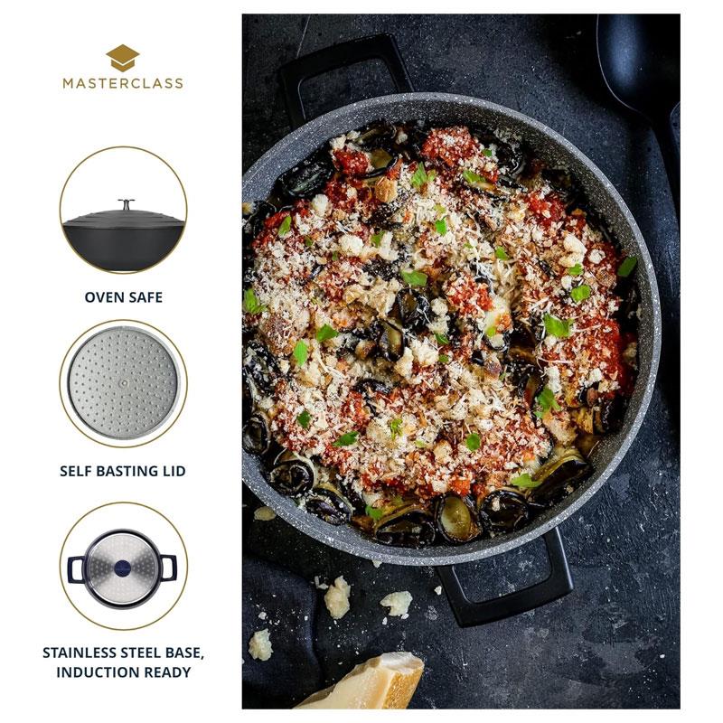 MasterClass Shallow Cast Aluminium Casserole Dish 28cm/4 Litres With Lid Black