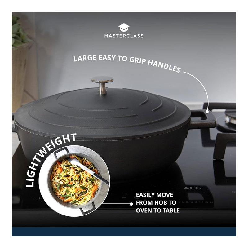 MasterClass Shallow Cast Aluminium Casserole Dish 28cm/4 Litres With Lid Black
