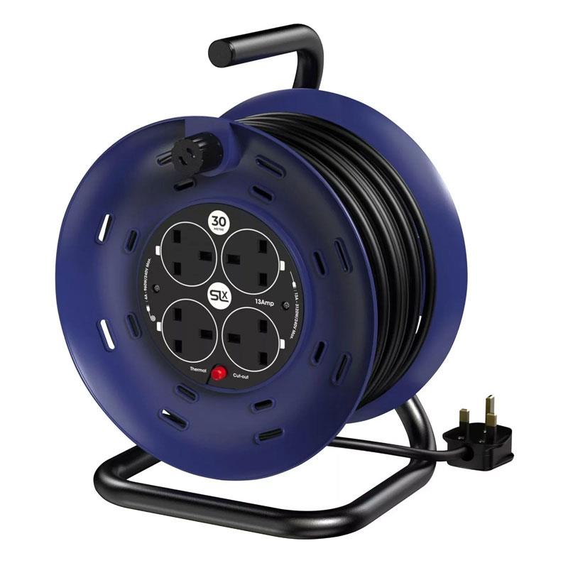 SLx 4 Socket Extension Lead UK Plug Socket 30m Heavy Duty Cable Reel 13A - Black & Blue Main image