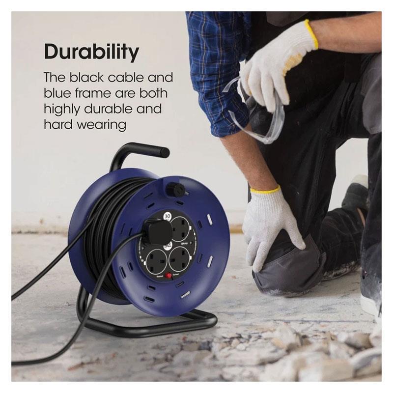 SLx 4 Socket Extension Lead UK Plug Socket 30m Heavy Duty Cable Reel 13A - Black & Blue