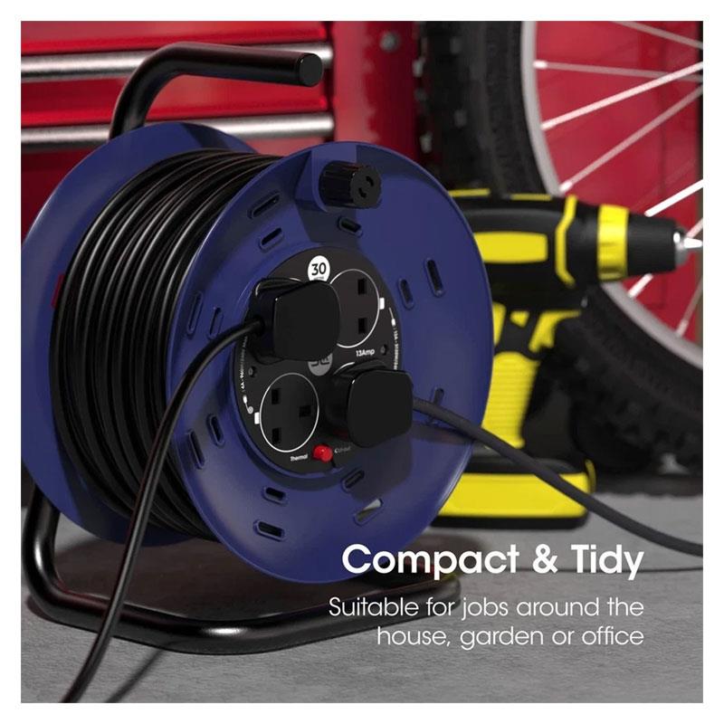 SLx 4 Socket Extension Lead UK Plug Socket 30m Heavy Duty Cable Reel 13A - Black & Blue