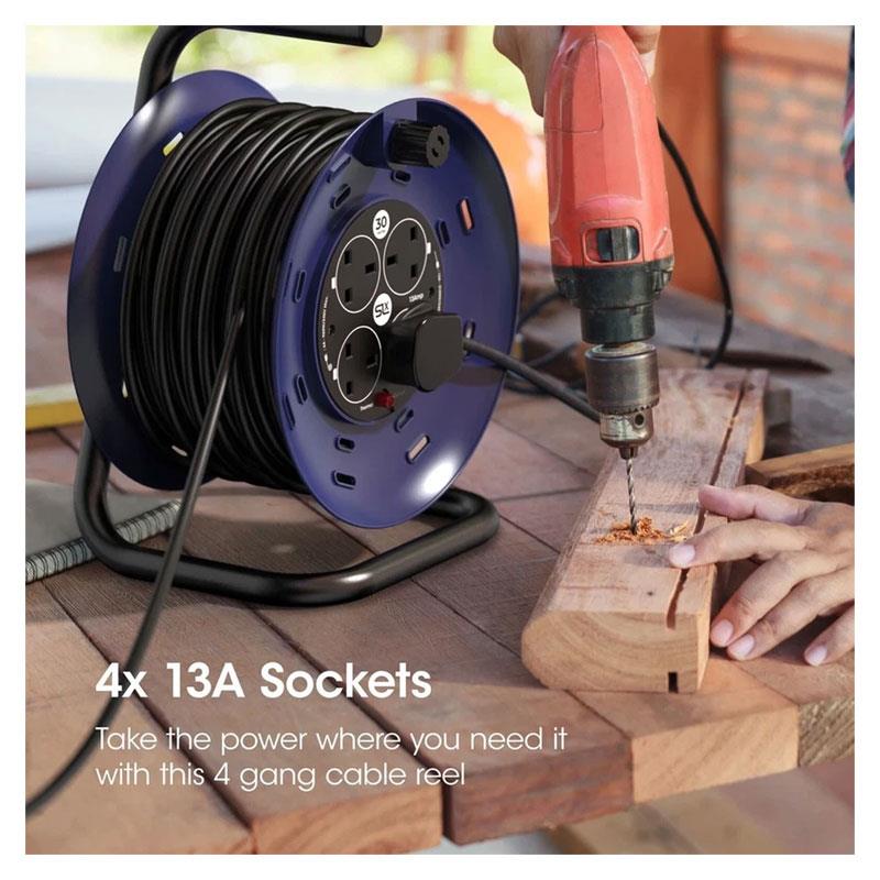 SLx 4 Socket Extension Lead UK Plug Socket 30m Heavy Duty Cable Reel 13A - Black & Blue