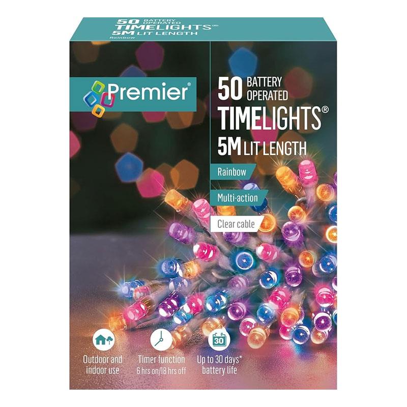 Premier Christmas Multi Action Battery Operated 50 LEDs Lights Clear Cable With Timer - Rainbow