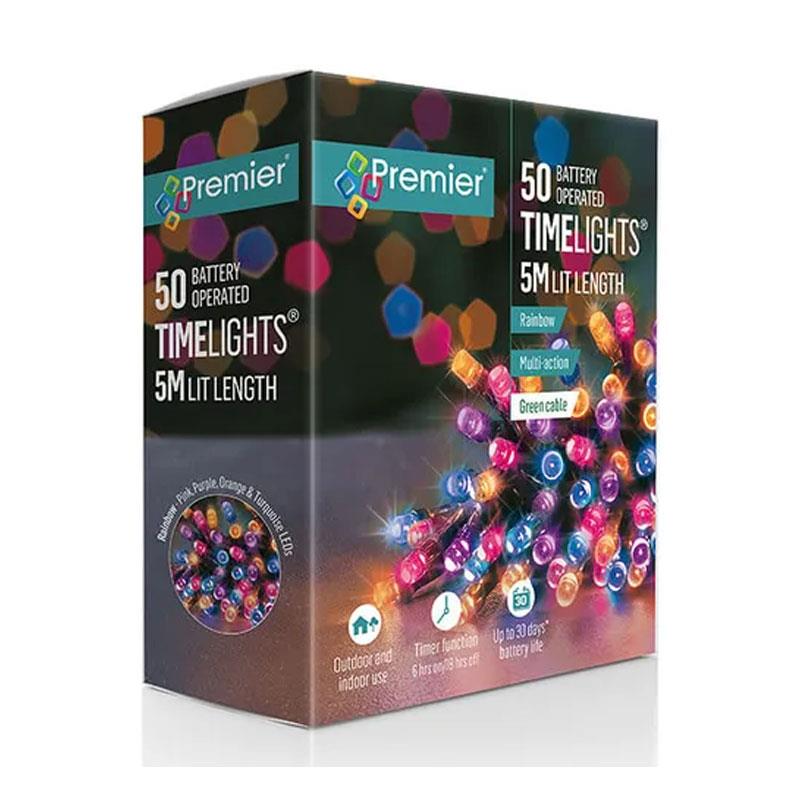 Premier Christmas Multi Action Battery Operated 50 LEDs Lights Clear Cable With Timer - Rainbow