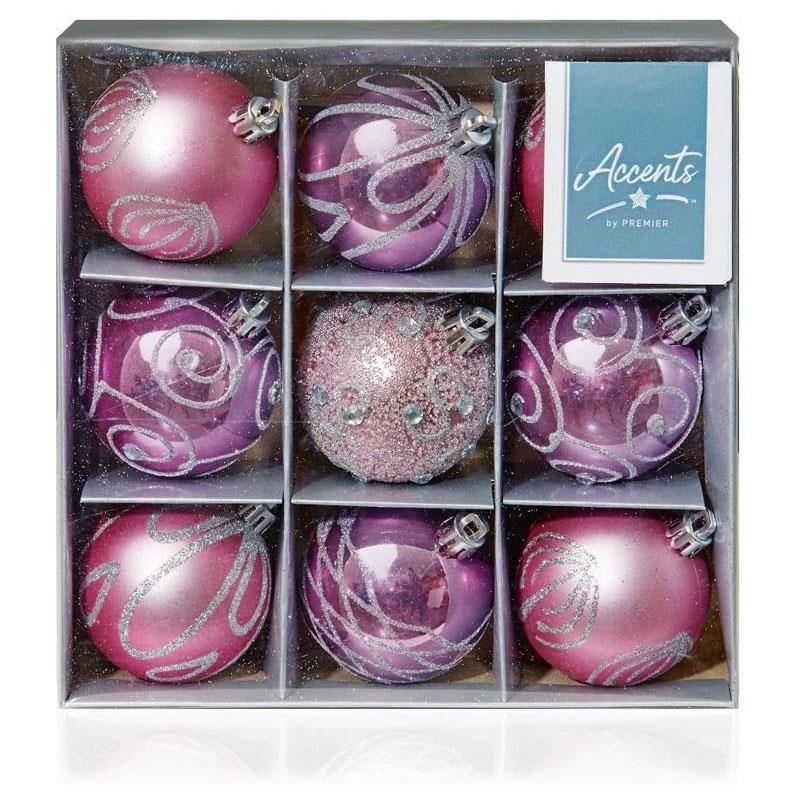 Premier Shatterproof Christmas Tree Baubles 60mm Set of 9 - Pink Main image