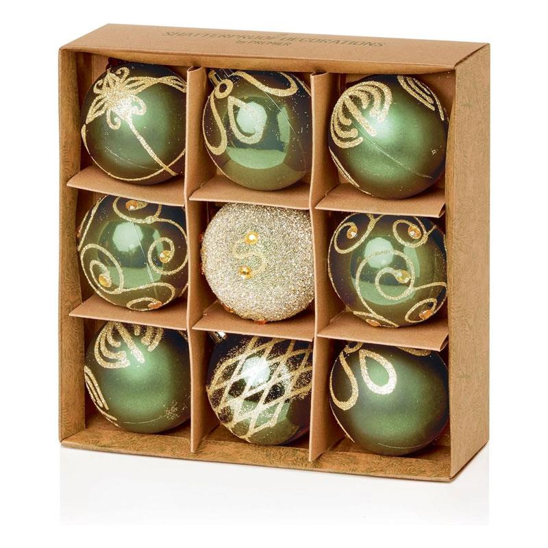 Premier Shatterproof Christmas Tree Baubles 60mm Set of 9 - Sage Green