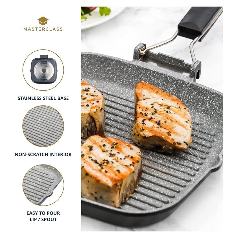 MasterClass Grill Pan 20cm Non-Stick Griddle Pan Induction-Safe Folding Handle Aluminium Stainless Steel Grey