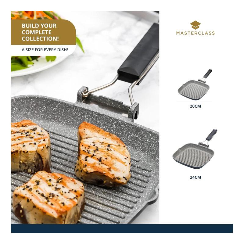MasterClass Grill Pan 20cm Non-Stick Griddle Pan Induction-Safe Folding Handle Aluminium Stainless Steel Grey