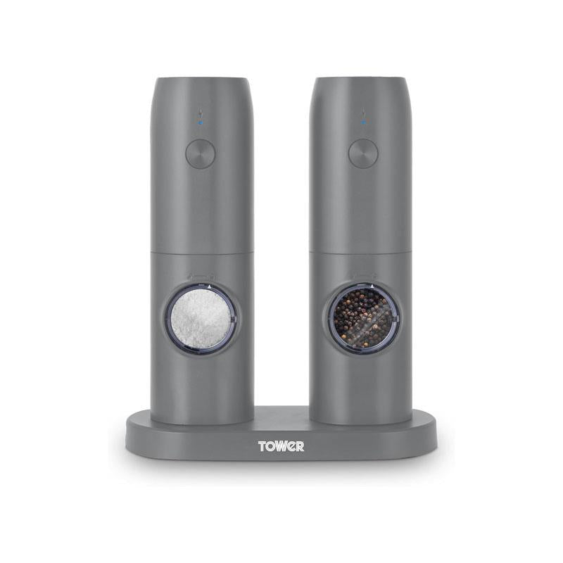 Tower Rechargeable Electric Salt and Pepper Mill Set Adjustable Ceramic Grinders Stainless Steel Grey USB Charging Main image
