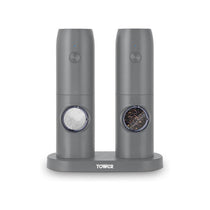 Tower Rechargeable Electric Salt and Pepper Mill Set Adjustable Ceramic Grinders Stainless Steel Grey USB Charging