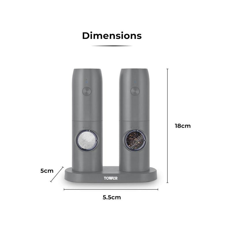 Tower Rechargeable Electric Salt and Pepper Mill Set Adjustable Ceramic Grinders Stainless Steel Grey USB Charging Secondary image