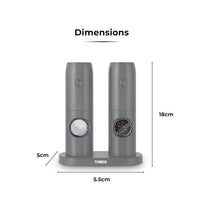 Tower Rechargeable Electric Salt and Pepper Mill Set Adjustable Ceramic Grinders Stainless Steel Grey USB Charging