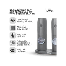 Tower Rechargeable Electric Salt and Pepper Mill Set Adjustable Ceramic Grinders Stainless Steel Grey USB Charging