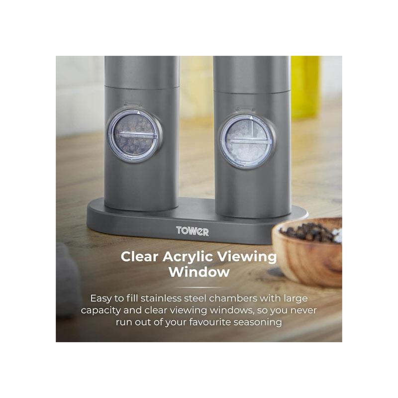 Tower Rechargeable Electric Salt and Pepper Mill Set Adjustable Ceramic Grinders Stainless Steel Grey USB Charging