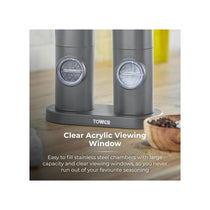 Tower Rechargeable Electric Salt and Pepper Mill Set Adjustable Ceramic Grinders Stainless Steel Grey USB Charging