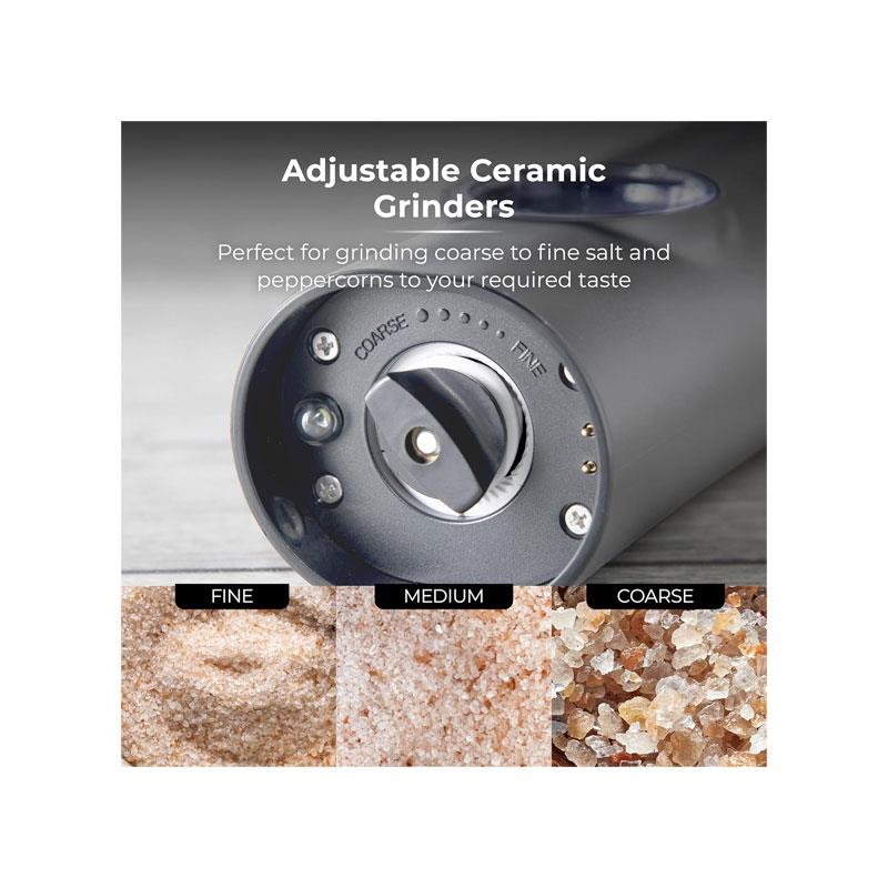 Tower Rechargeable Electric Salt and Pepper Mill Set Adjustable Ceramic Grinders Stainless Steel Grey USB Charging