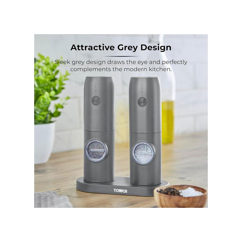 Tower Rechargeable Electric Salt and Pepper Mill Set Adjustable Ceramic Grinders Stainless Steel Grey USB Charging