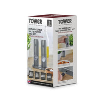 Tower Rechargeable Electric Salt and Pepper Mill Set Adjustable Ceramic Grinders Stainless Steel Grey USB Charging
