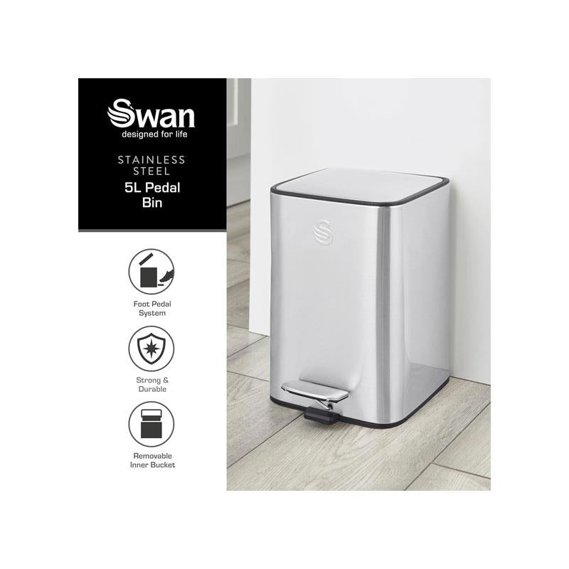 Swan 5L Stainless Steel Pedal Bin with Foot Pedal System Removable Inner Bucket Anti-Slip Base Fingerprint Proof Finish Silver Secondary image