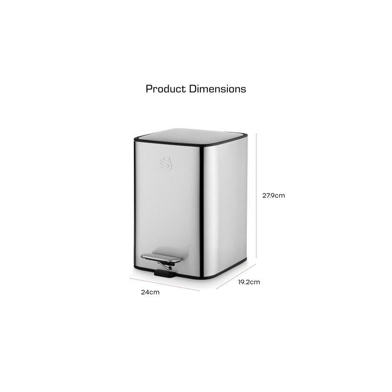 Swan 5L Stainless Steel Pedal Bin with Foot Pedal System Removable Inner Bucket Anti-Slip Base Fingerprint Proof Finish Silver