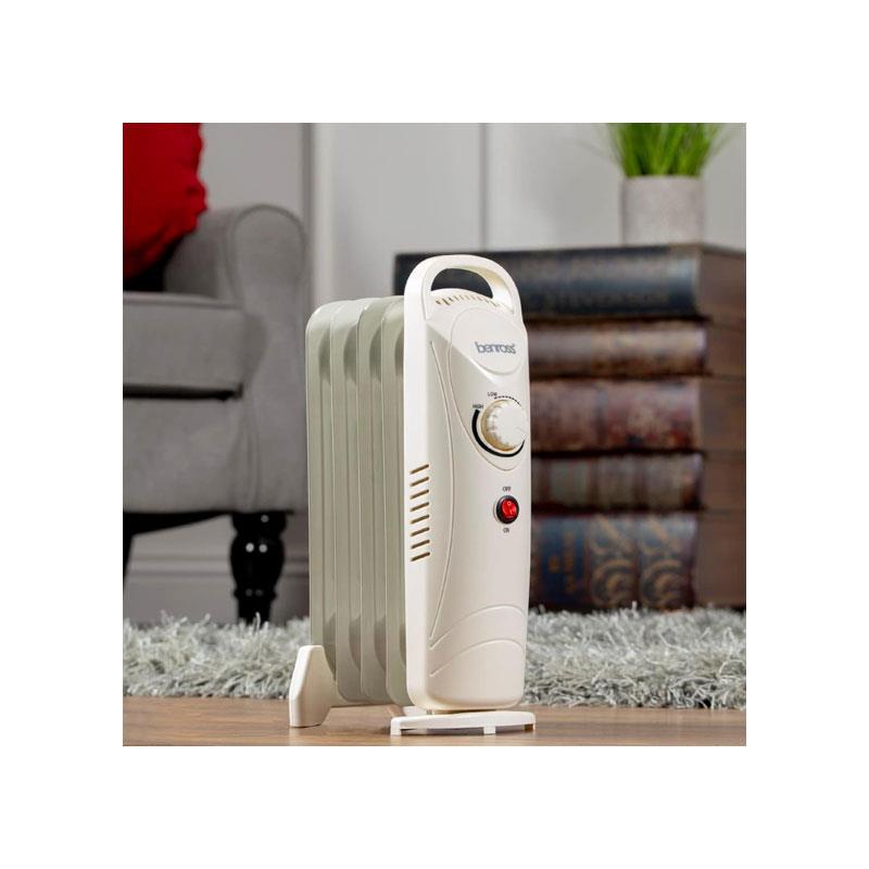 Benross 500W Mini Oil Filled Radiator with Adjustable Thermostat, Overheat Protection & Cool-Touch Handle – White