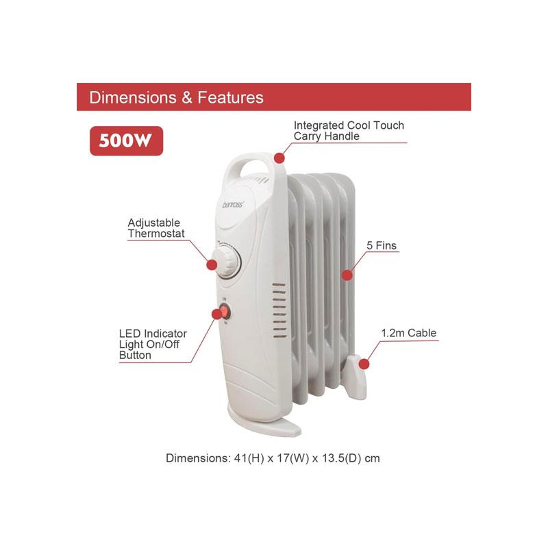 Benross 500W Mini Oil Filled Radiator with Adjustable Thermostat, Overheat Protection & Cool-Touch Handle – White