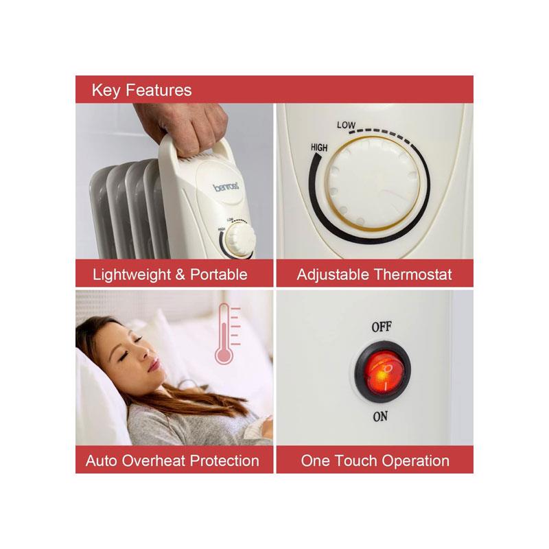 Benross 500W Mini Oil Filled Radiator with Adjustable Thermostat, Overheat Protection & Cool-Touch Handle – White