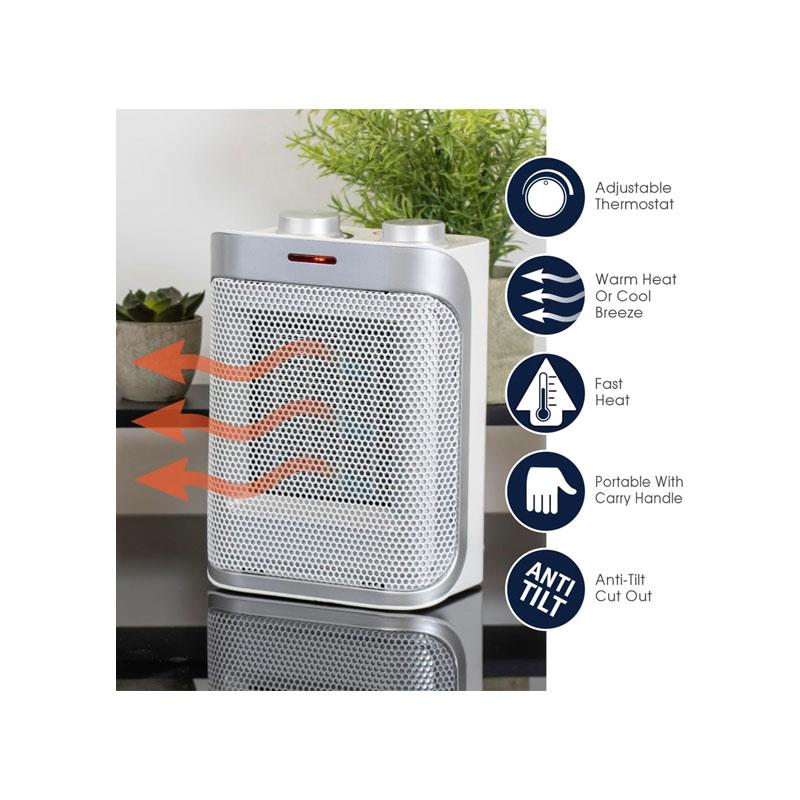 Spear & Jackson PTC Ceramic Heater 1500W with Adjustable Thermostat Cool Warm Hot Settings Safety Overheat Protection White & Silver