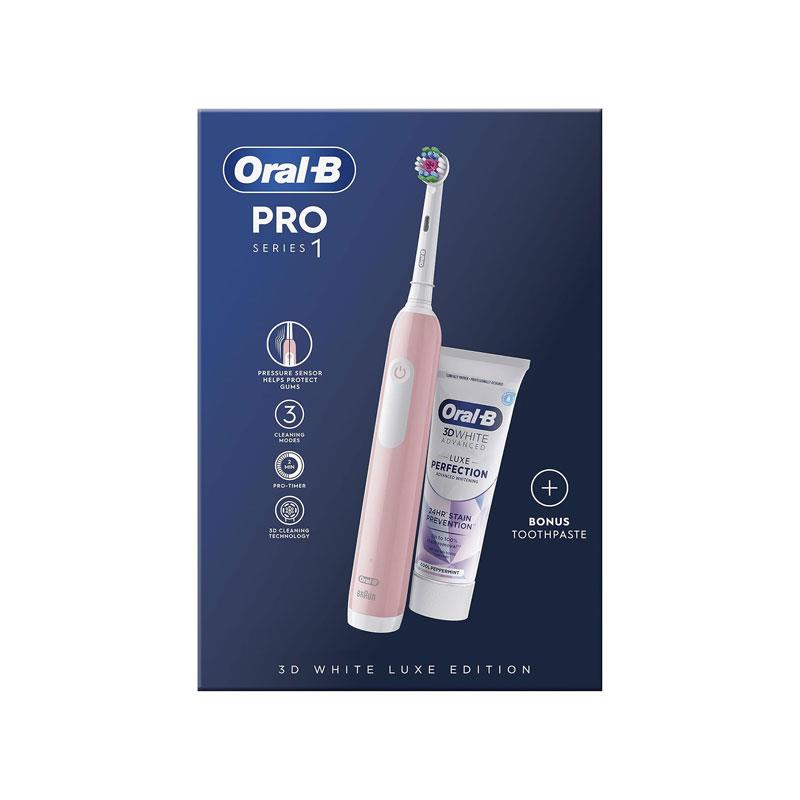 Oral-B Pro Series 1 Cross Action Electric Toothbrush With 3D White Luxe Perfection Toothpaste 75ml Pink Main image