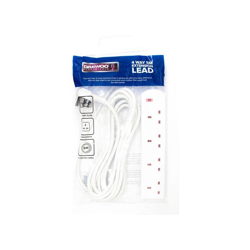 Value Range 4 Way Extension Lead 13A Fused Plug 5 Metre Length Cable Neon Indicator 250 V White
