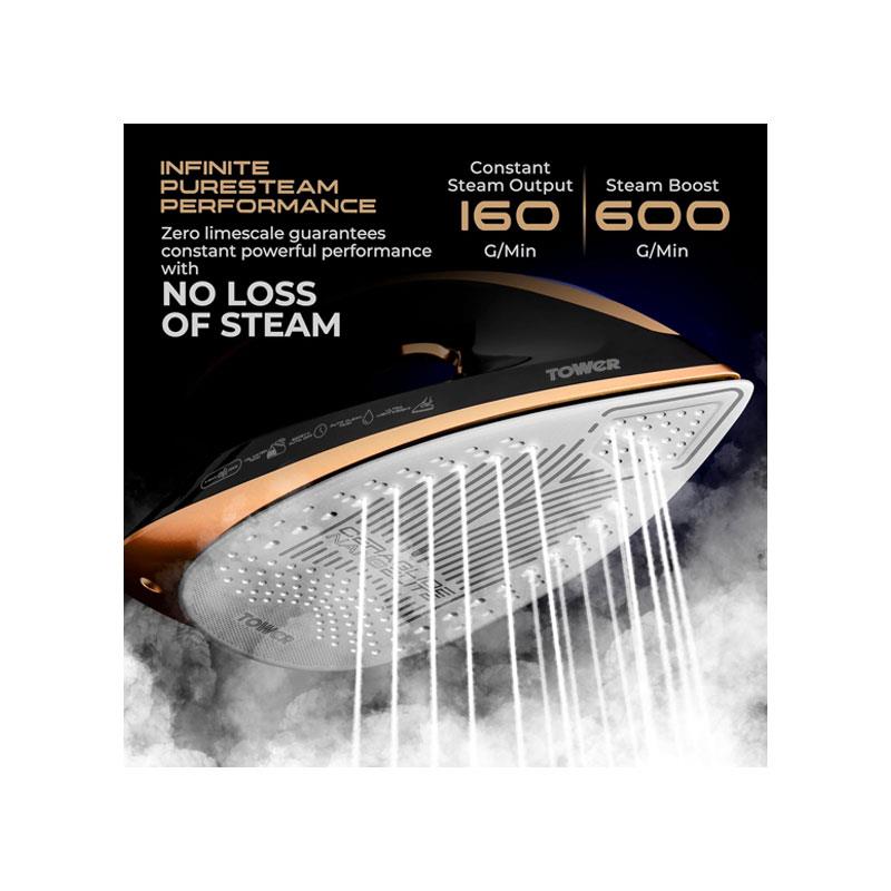 Tower PureSteam Infinity Xpress 8 Bar Steam Generator Iron 3000W with One Temp And AI Limescale System Black & Gold