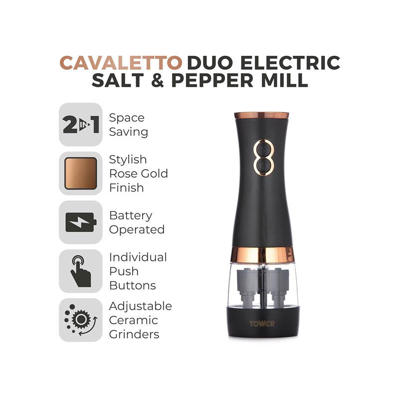 Tower Duo Electric Salt And Pepper Mills Battery Operated Dual Grinder with Adjustable Ceramic Blades Black & Rose Gold