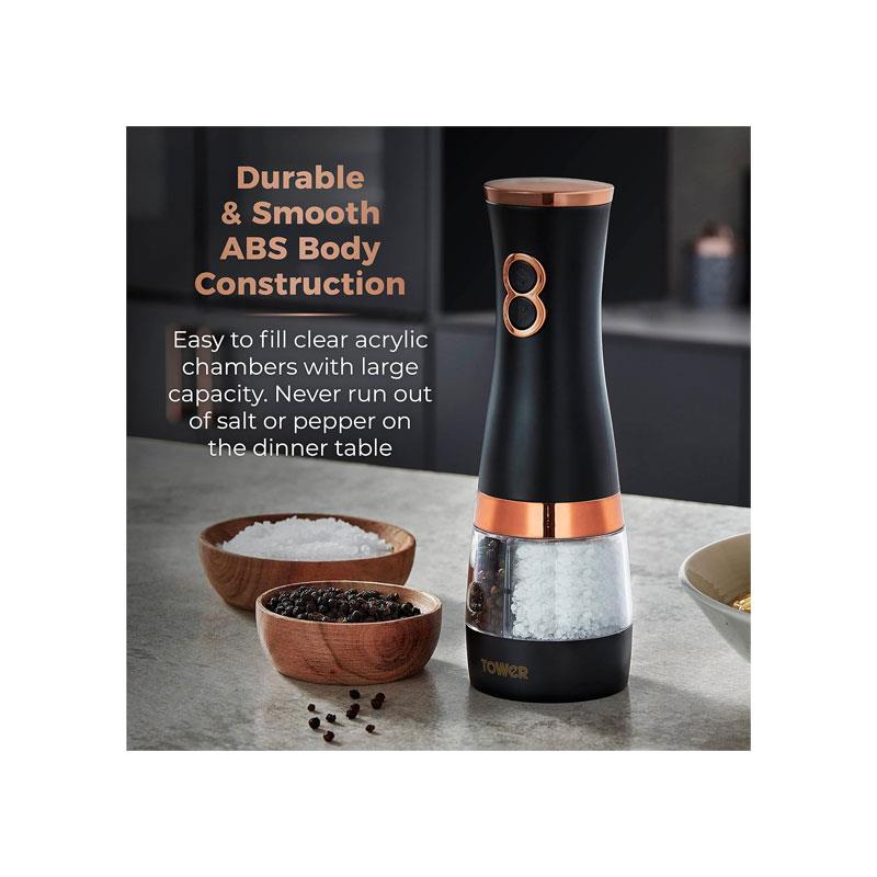 Tower Duo Electric Salt And Pepper Mills Battery Operated Dual Grinder with Adjustable Ceramic Blades Black & Rose Gold