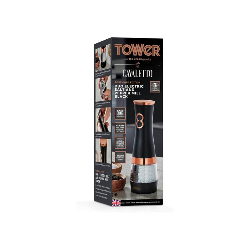Tower Duo Electric Salt And Pepper Mills Battery Operated Dual Grinder with Adjustable Ceramic Blades Black & Rose Gold