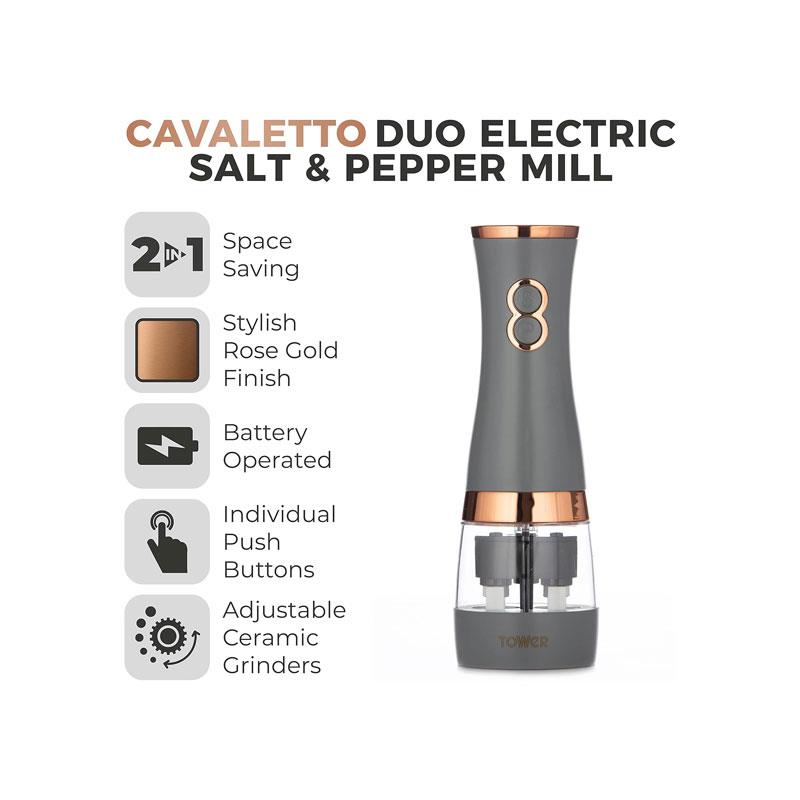 Tower Duo Electric Salt And Pepper Mills Battery Operated 2-in-1 Grinder with Adjustable Ceramic Mechanisms Grey & Rose Gold