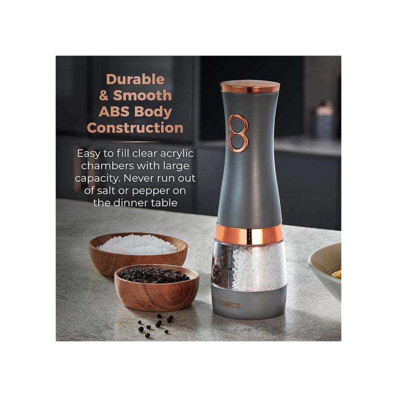 Tower Duo Electric Salt And Pepper Mills Battery Operated 2-in-1 Grinder with Adjustable Ceramic Mechanisms Grey & Rose Gold